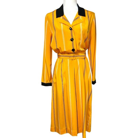 Vintage Herman Marcus Yellow Striped Long-Sleeve Dress & Belt‎ - Size Medium - Picture 1 of 15